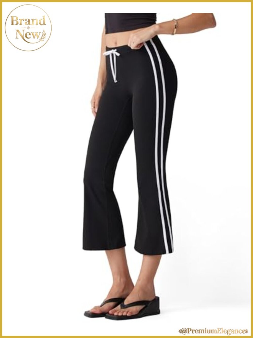 High Waisted Flared Capri Yoga Pants with Side Stripe Drawstring